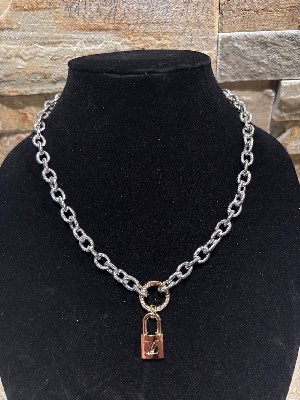 Gold LV Padlock Necklace with Chunky Silver Chain